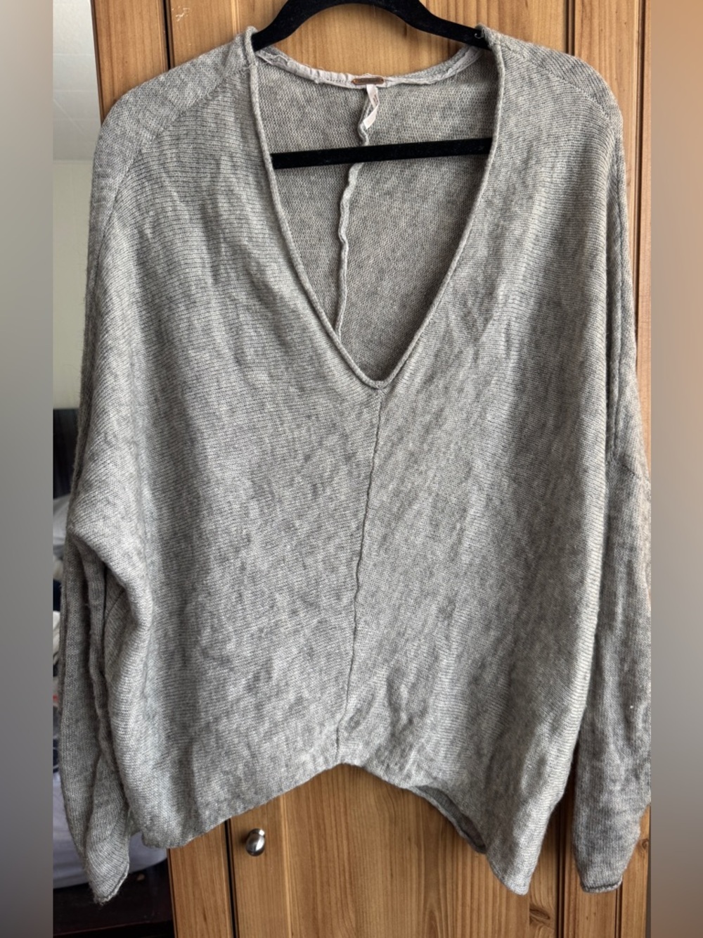 Free People Gray Deep V-Neck Wool Lightweight Knit Sweater